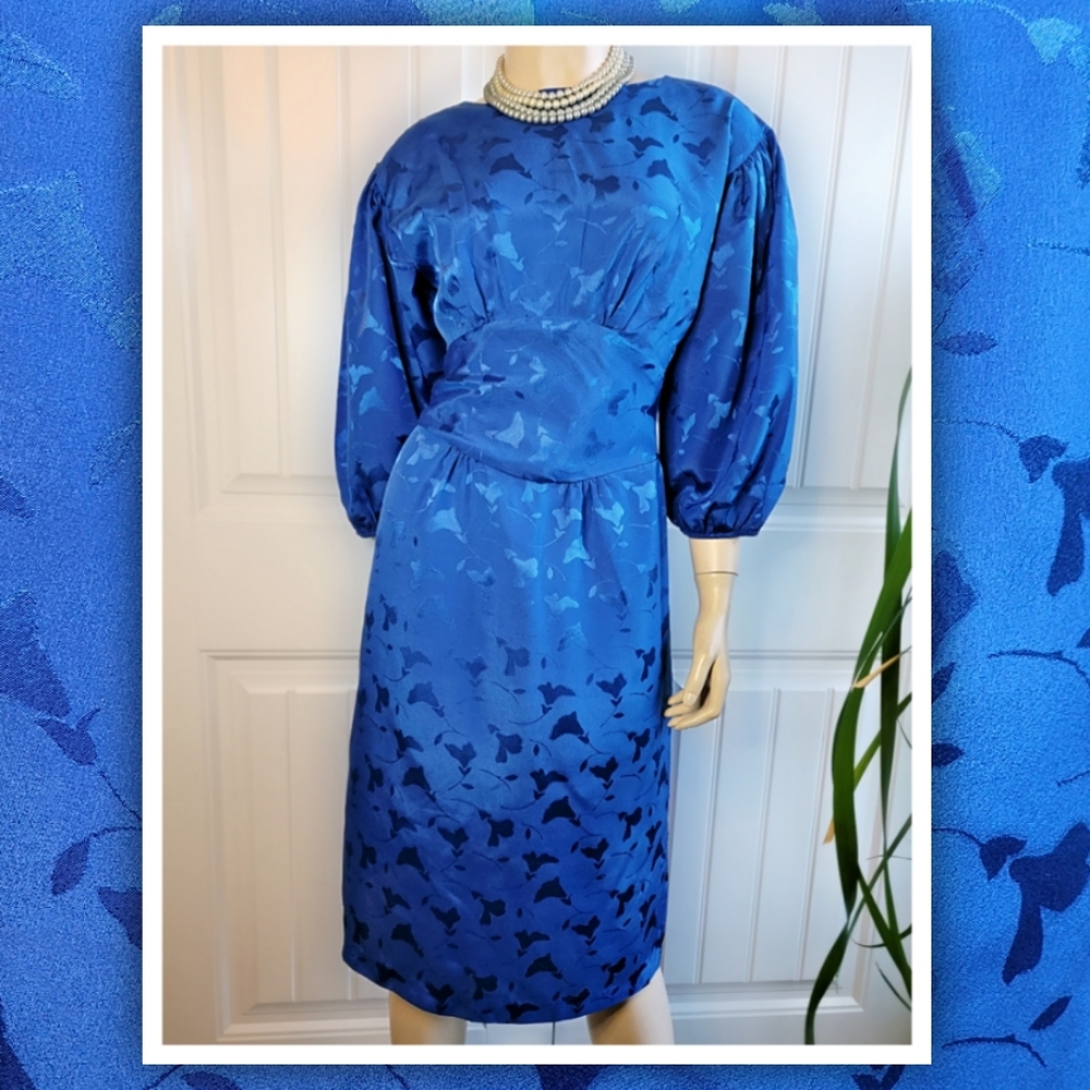 Furst Fashion Farrel Furst Vintage 80s Royal Blue Jacquard Puff Sleeve Dress Sm